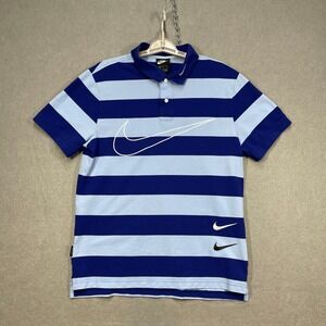 Nike Polo Shirt Men Medium Blue Striped Big Swoosh Logo Collar Embroidered Rugby
